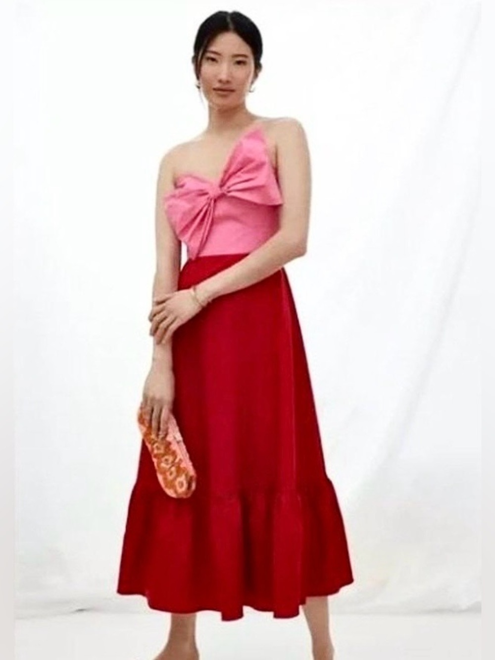 Anthropologie Hutch Bow Strapless A-Line Maxi Dress Event Preppy Pink Red Size 6